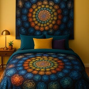 Boho Jewel-Tone Mandala Tapestry Blanket – 58x48 Vibrant Wall Art or Throw